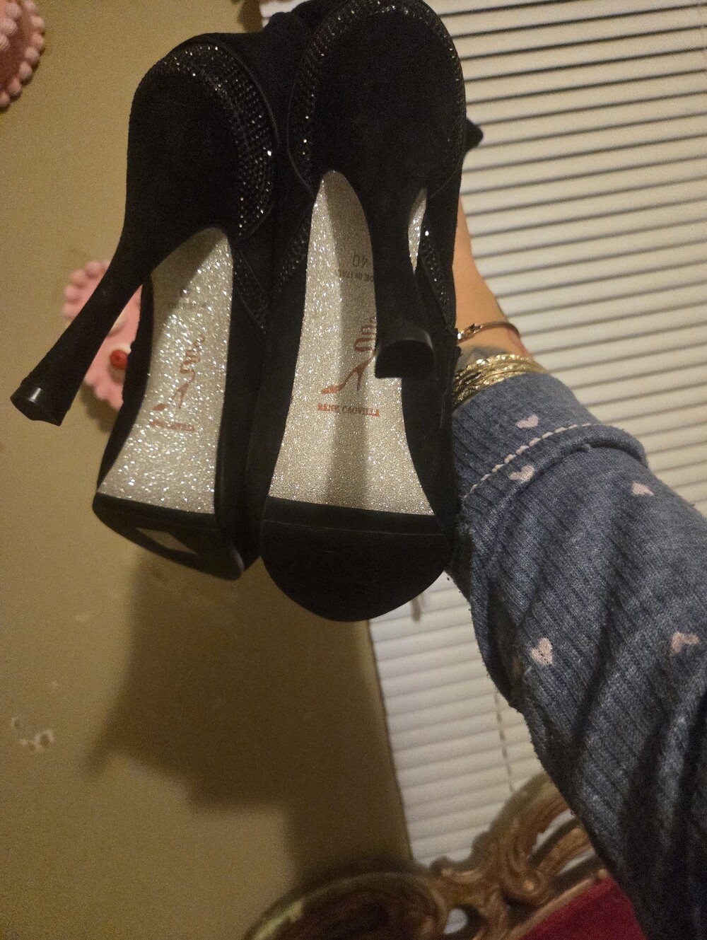 Black Over-the-Knee Suede Platform Boots with Rhinestone Accent